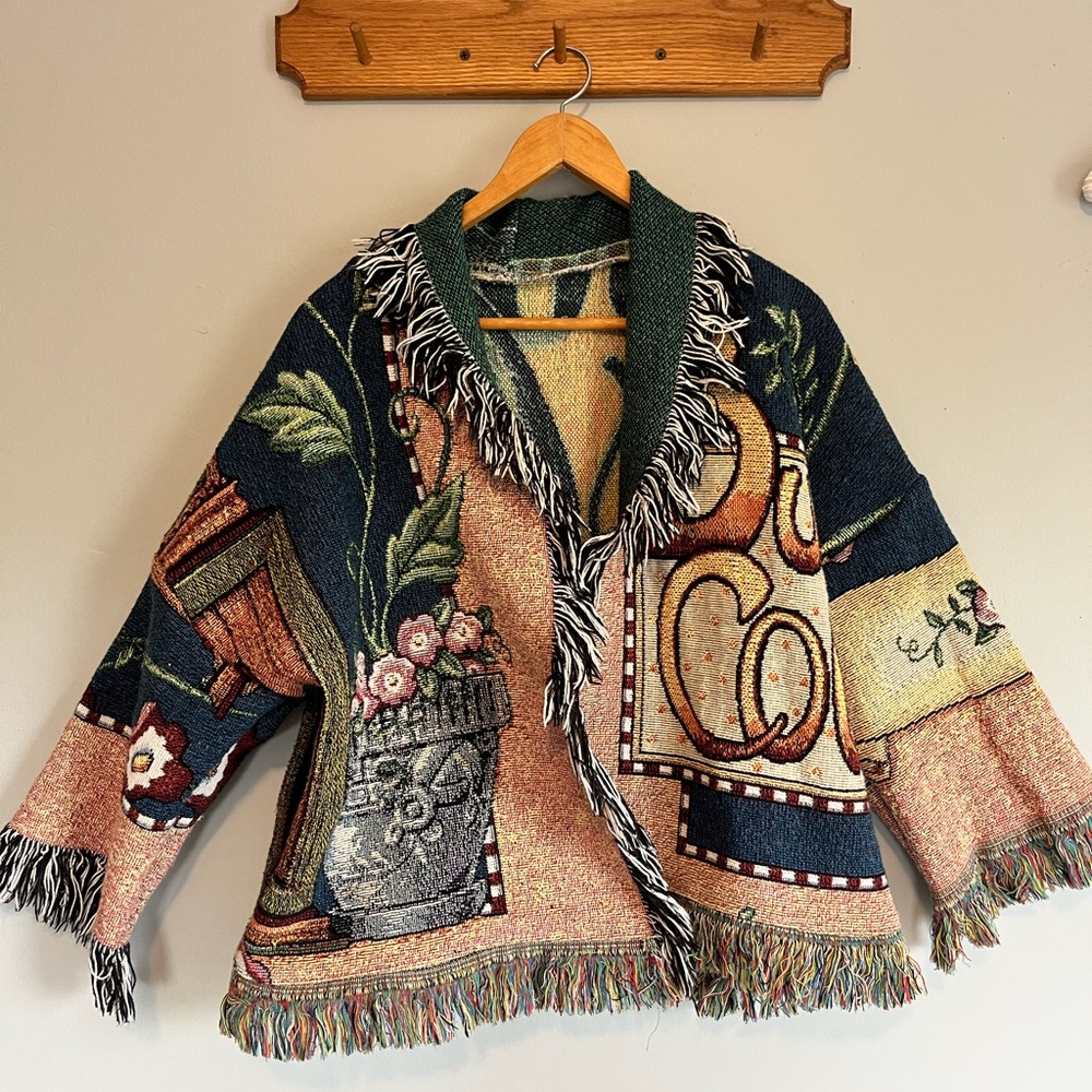 Upcycled by me. Woven Fringe Print Open-Front Jacket oversized small through XL